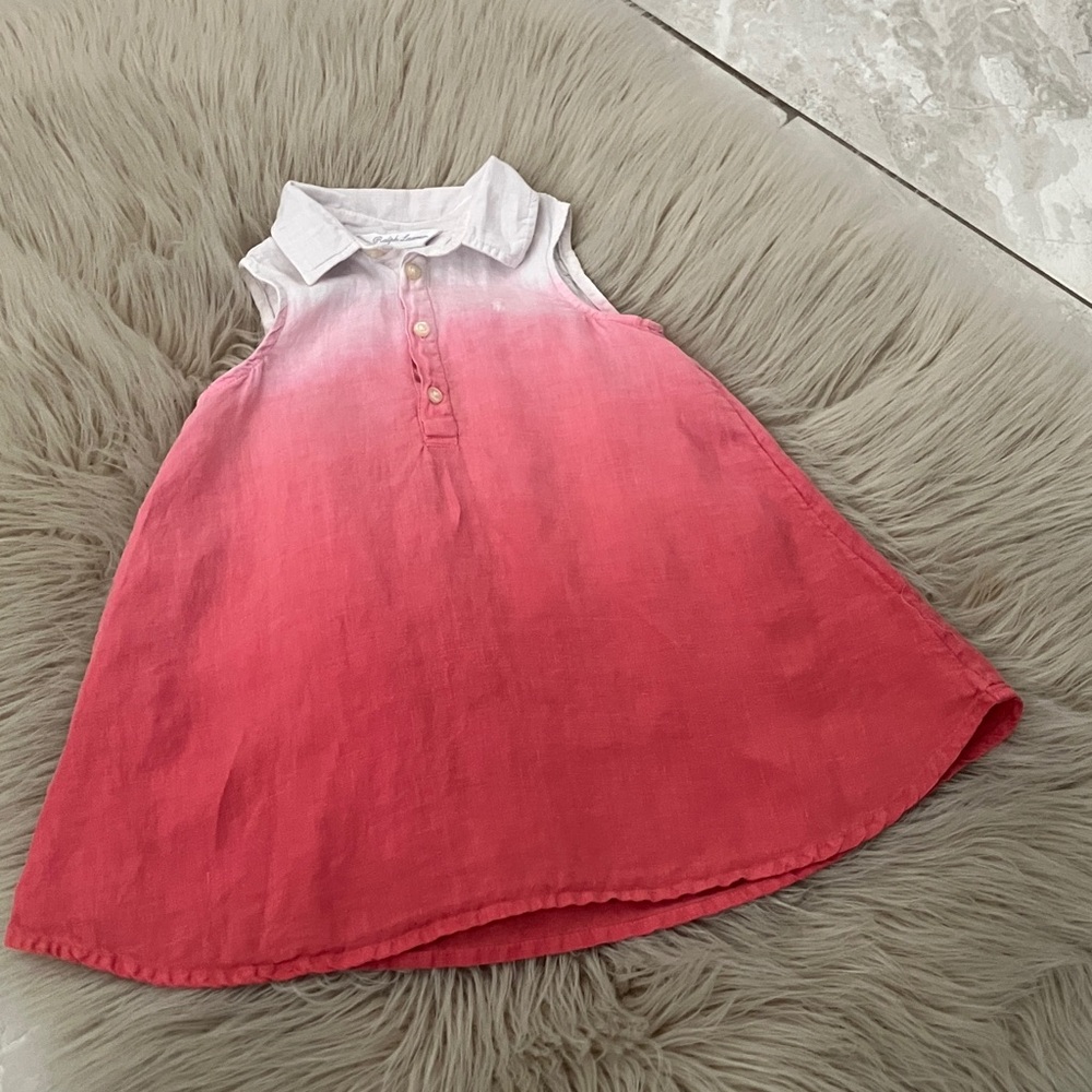 RALPH LAUREN Baby Girl 100% Linen Sleeveless Pink Ombré Shirt Dress | 18 Month